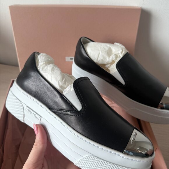 NWT Miu Miu Platform Slip-on Sneakers Black Leather Silver Toe Cap Sz 35.5 - Picture 7 of 13